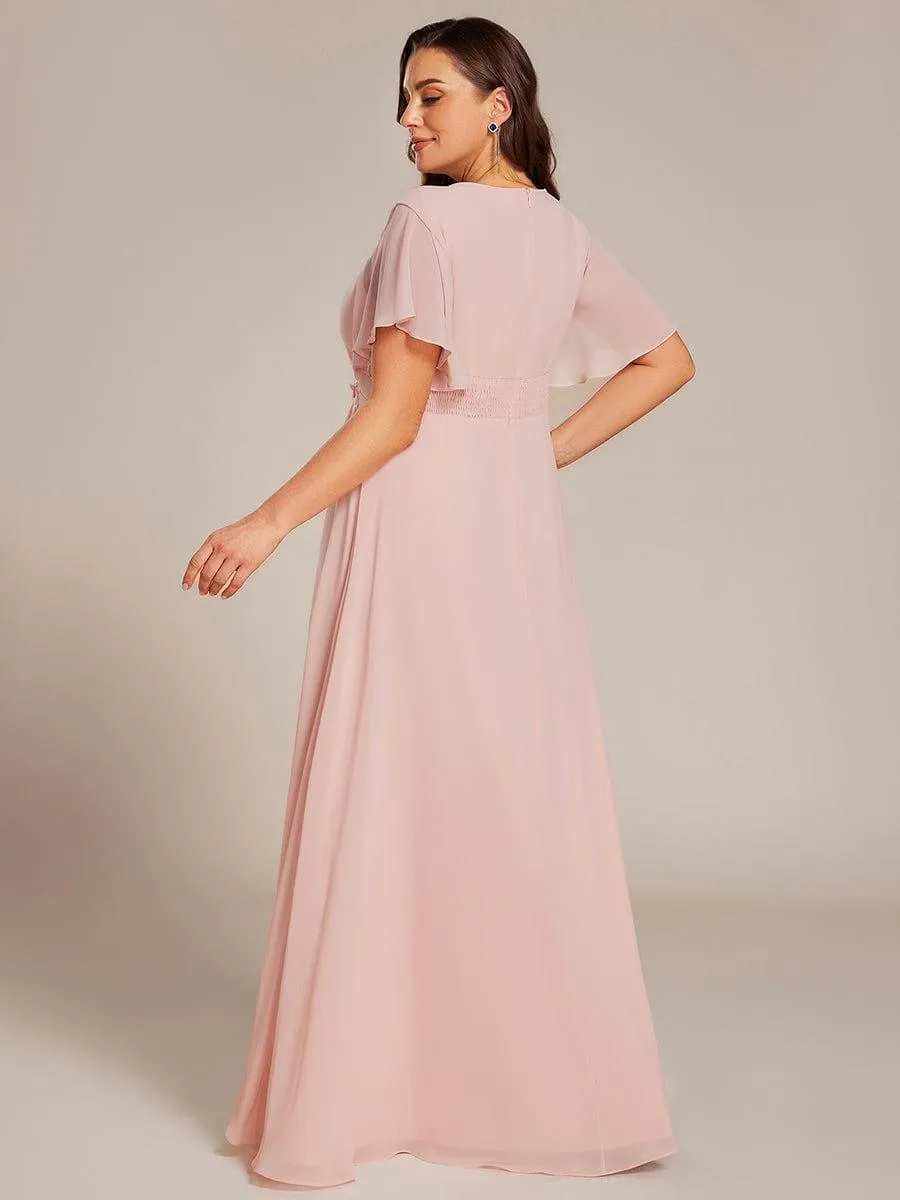 Plus Size Pleated Waist Applique Chiffon Maxi Formal Dress