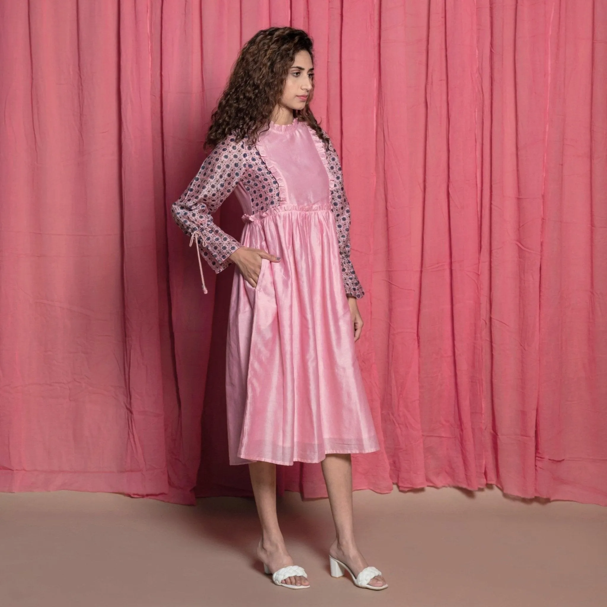 Powder Pink Cotton Block Printed Knee Length Frilled Dress