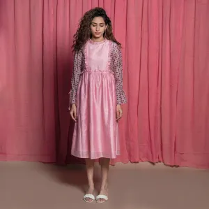 Powder Pink Cotton Block Printed Knee Length Frilled Dress