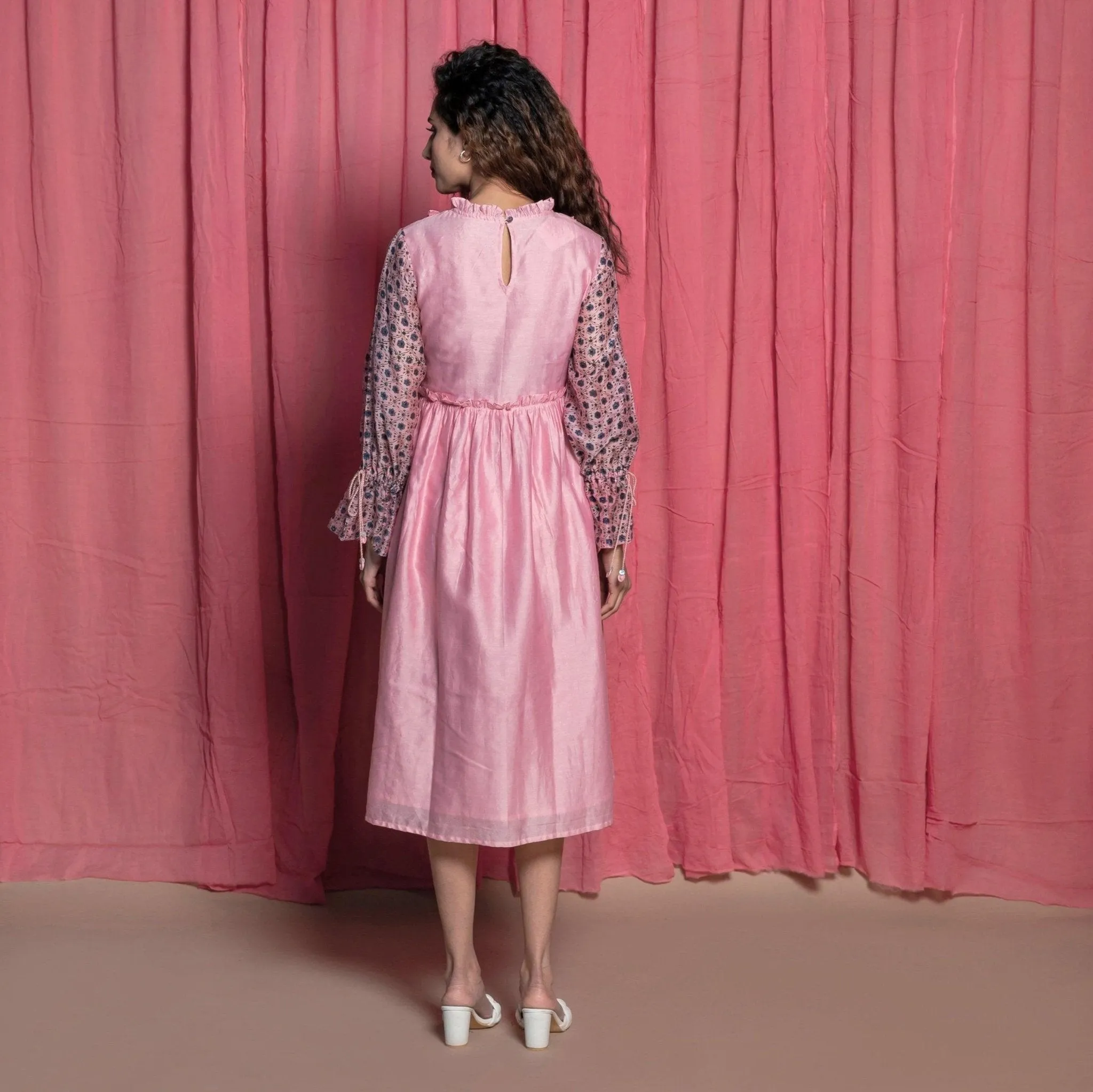 Powder Pink Cotton Block Printed Knee Length Frilled Dress