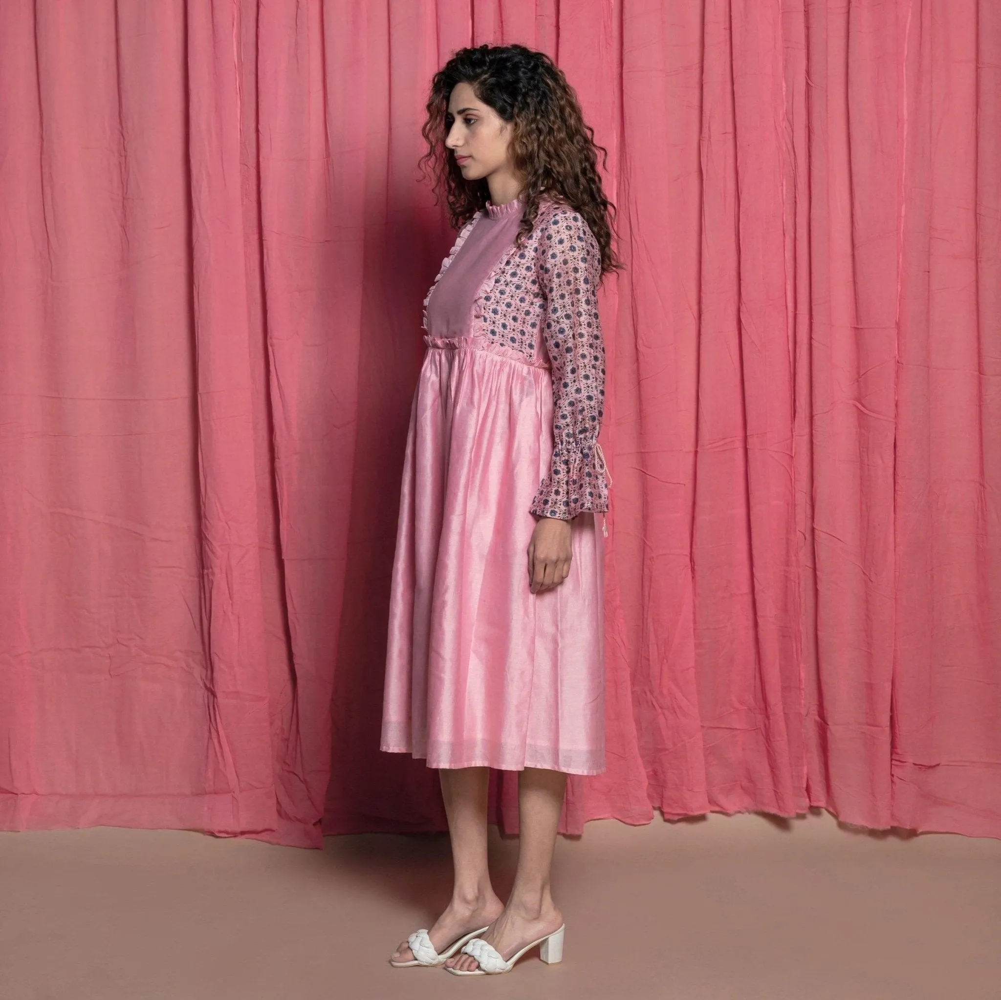 Powder Pink Cotton Block Printed Knee Length Frilled Dress