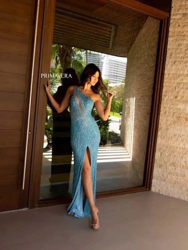 Primavera Couture 4144 Long Prom Dress Fitted Body Cut Out Sheer High Slit Lace Up Back Formal Pageant Gown