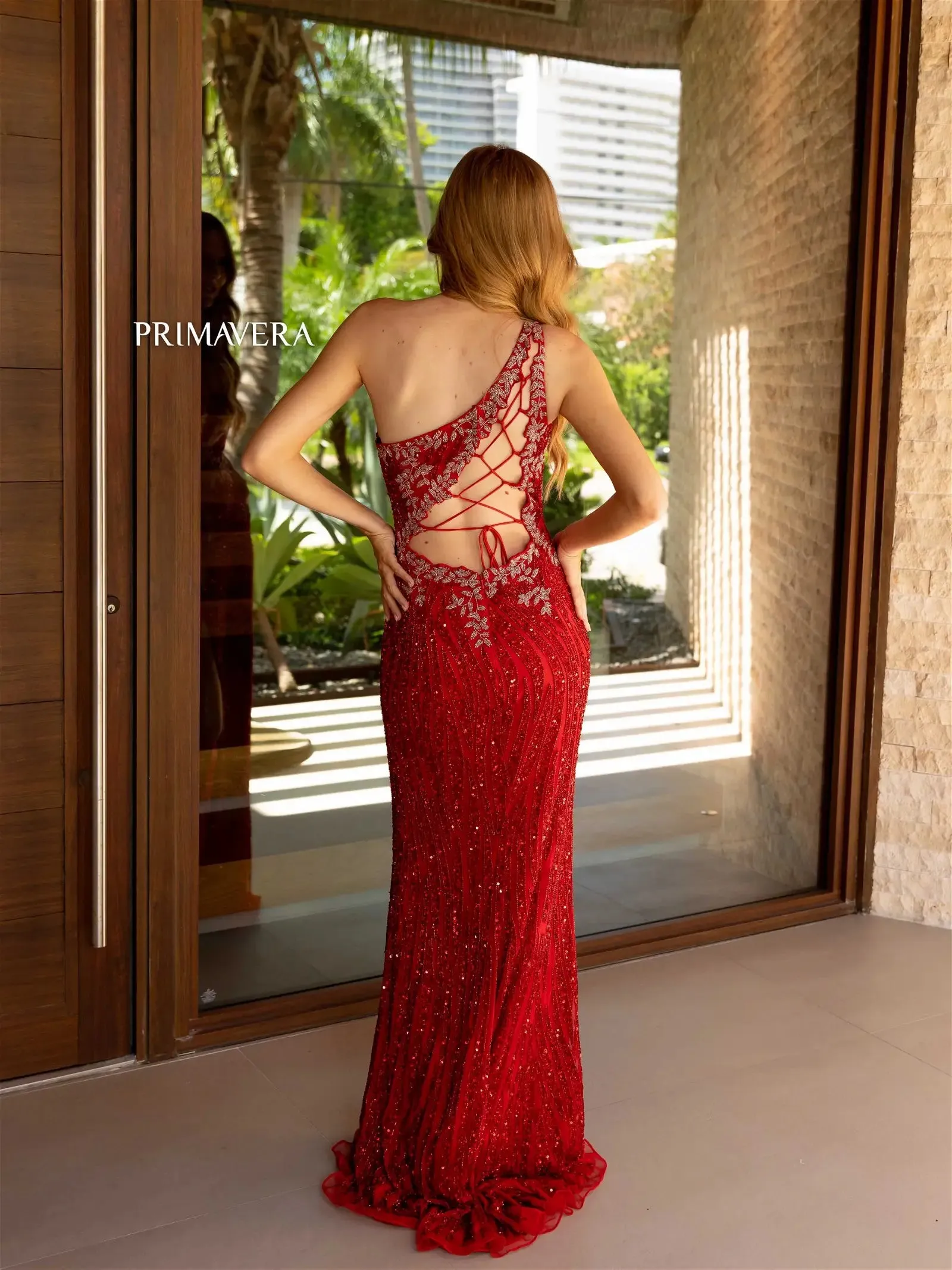Primavera Couture 4144 Long Prom Dress Fitted Body Cut Out Sheer High Slit Lace Up Back Formal Pageant Gown