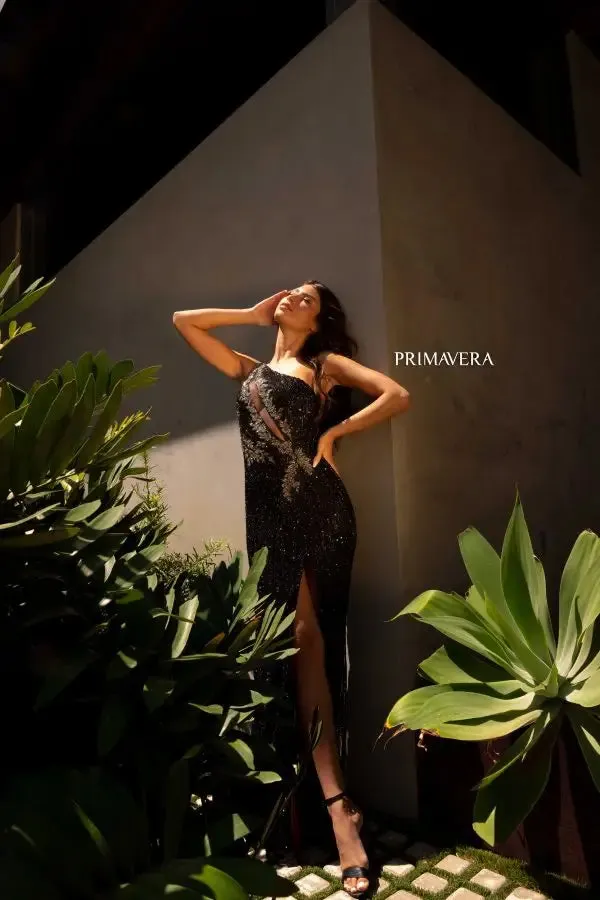 Primavera Couture 4144 Long Prom Dress Fitted Body Cut Out Sheer High Slit Lace Up Back Formal Pageant Gown