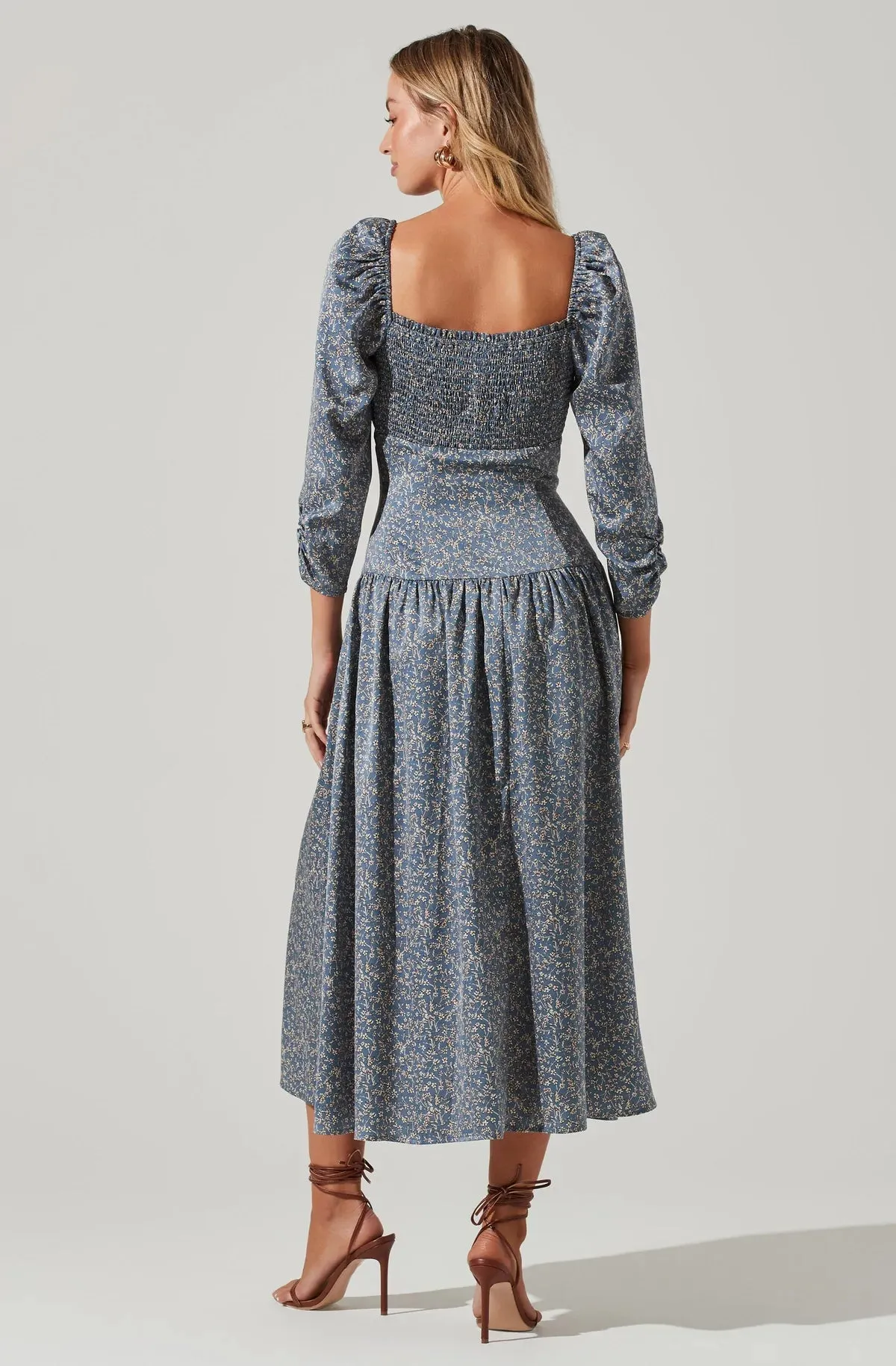 Puff Sleeve Sweetheart Neck Midi Dress