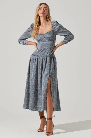 Puff Sleeve Sweetheart Neck Midi Dress