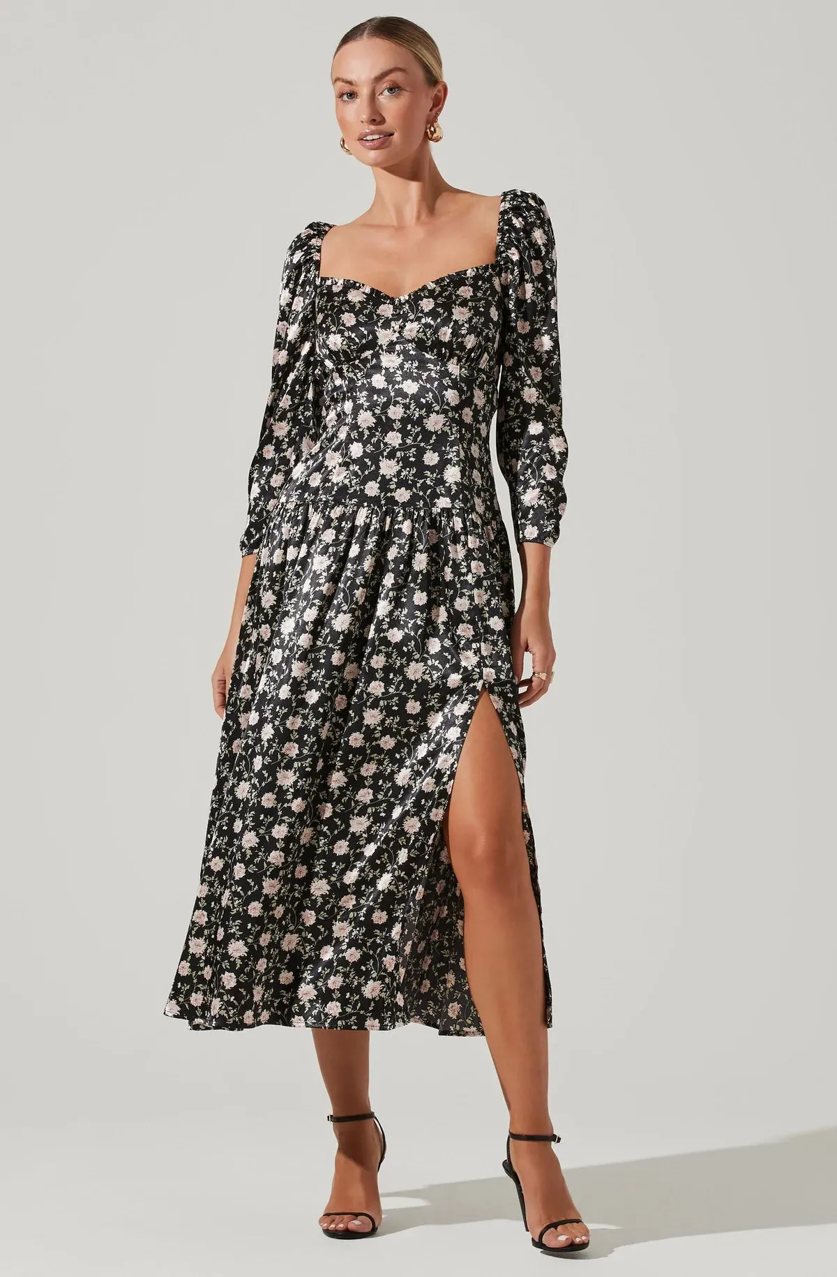Puff Sleeve Sweetheart Neck Midi Dress