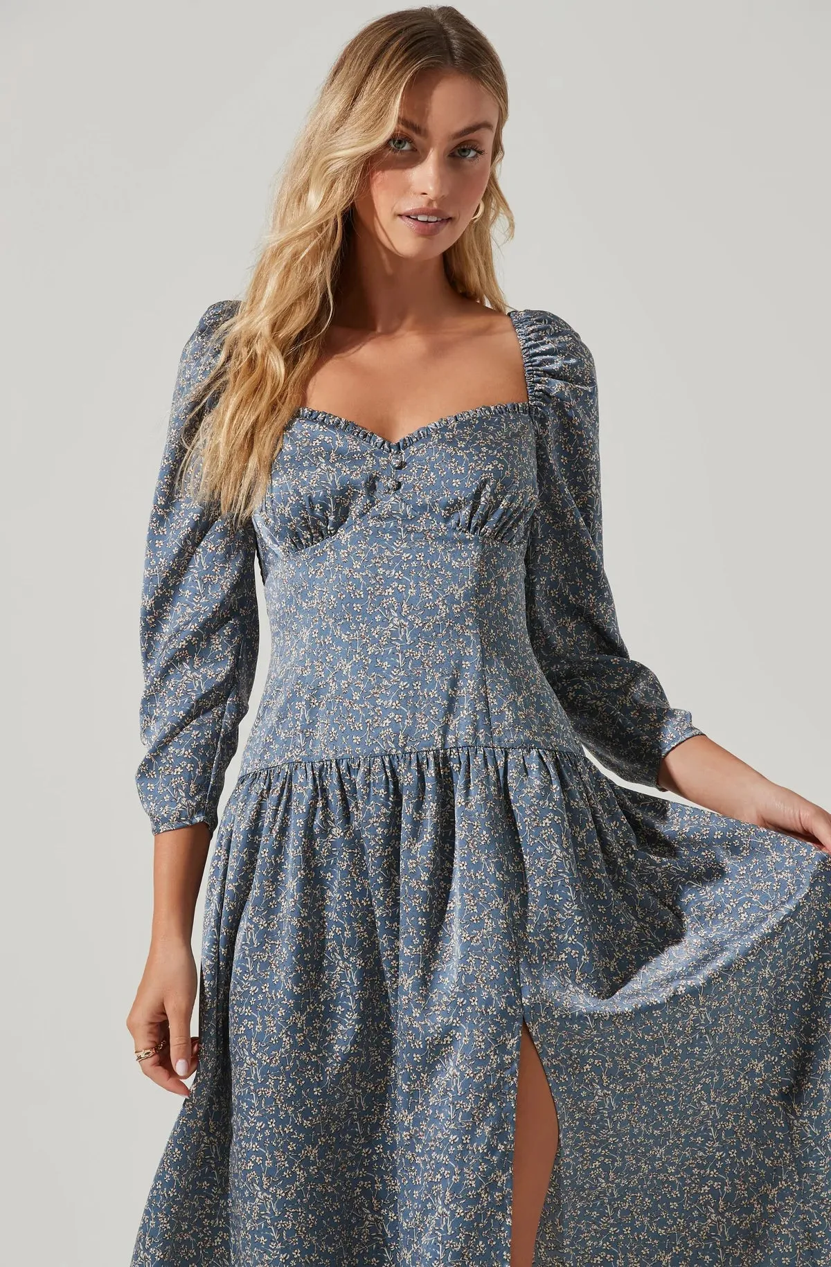 Puff Sleeve Sweetheart Neck Midi Dress