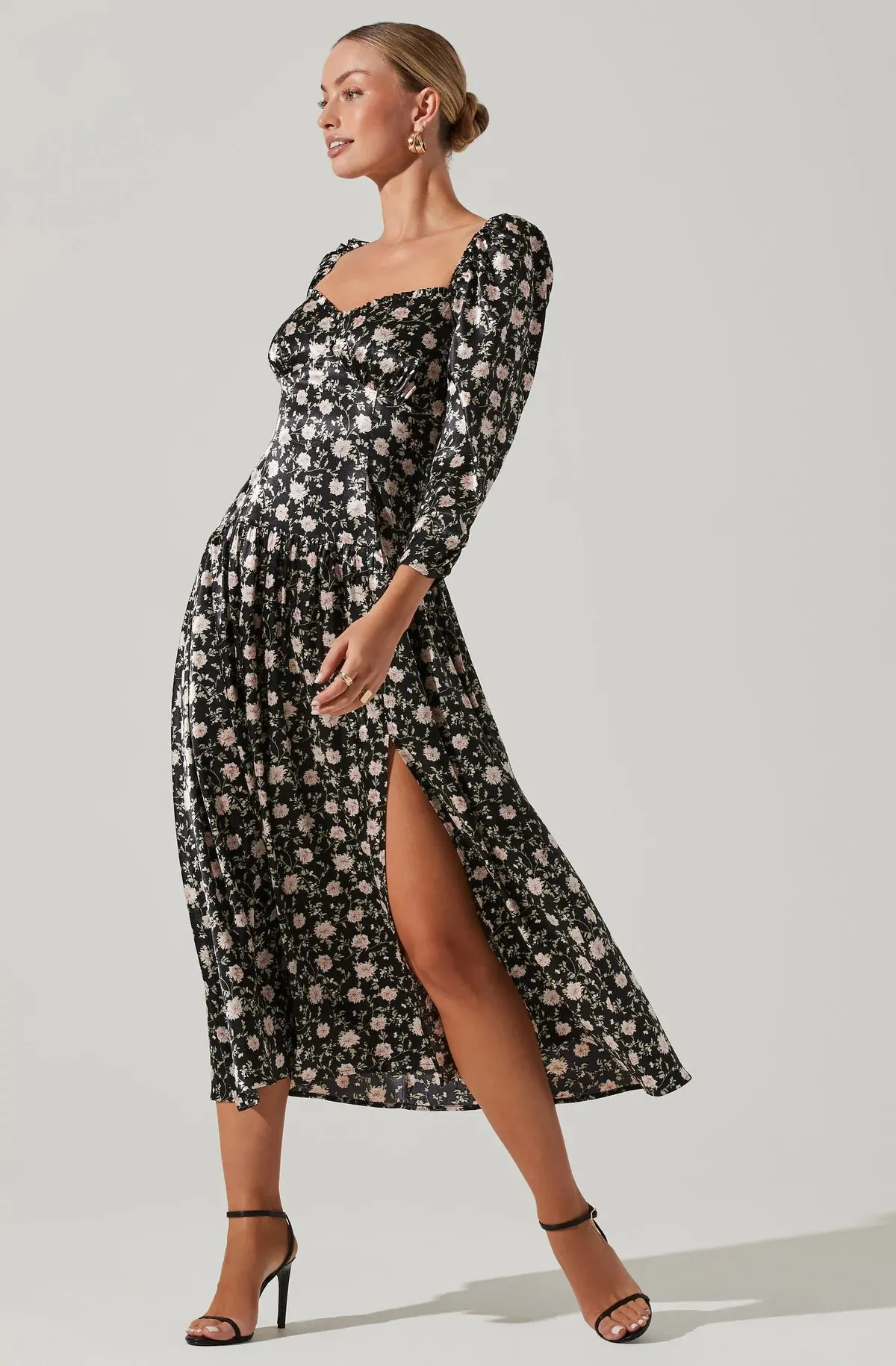 Puff Sleeve Sweetheart Neck Midi Dress