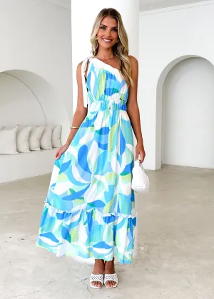 Rainfall One Shoulder Maxi Dress - Blue Abstract