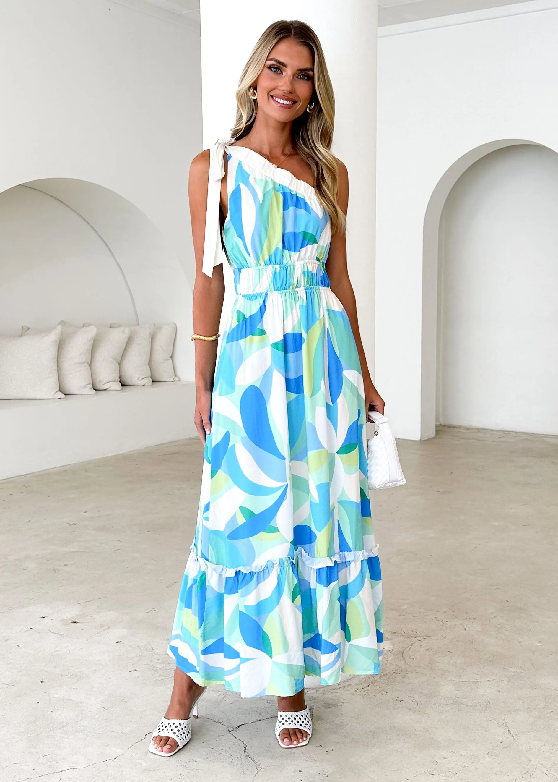Rainfall One Shoulder Maxi Dress - Blue Abstract