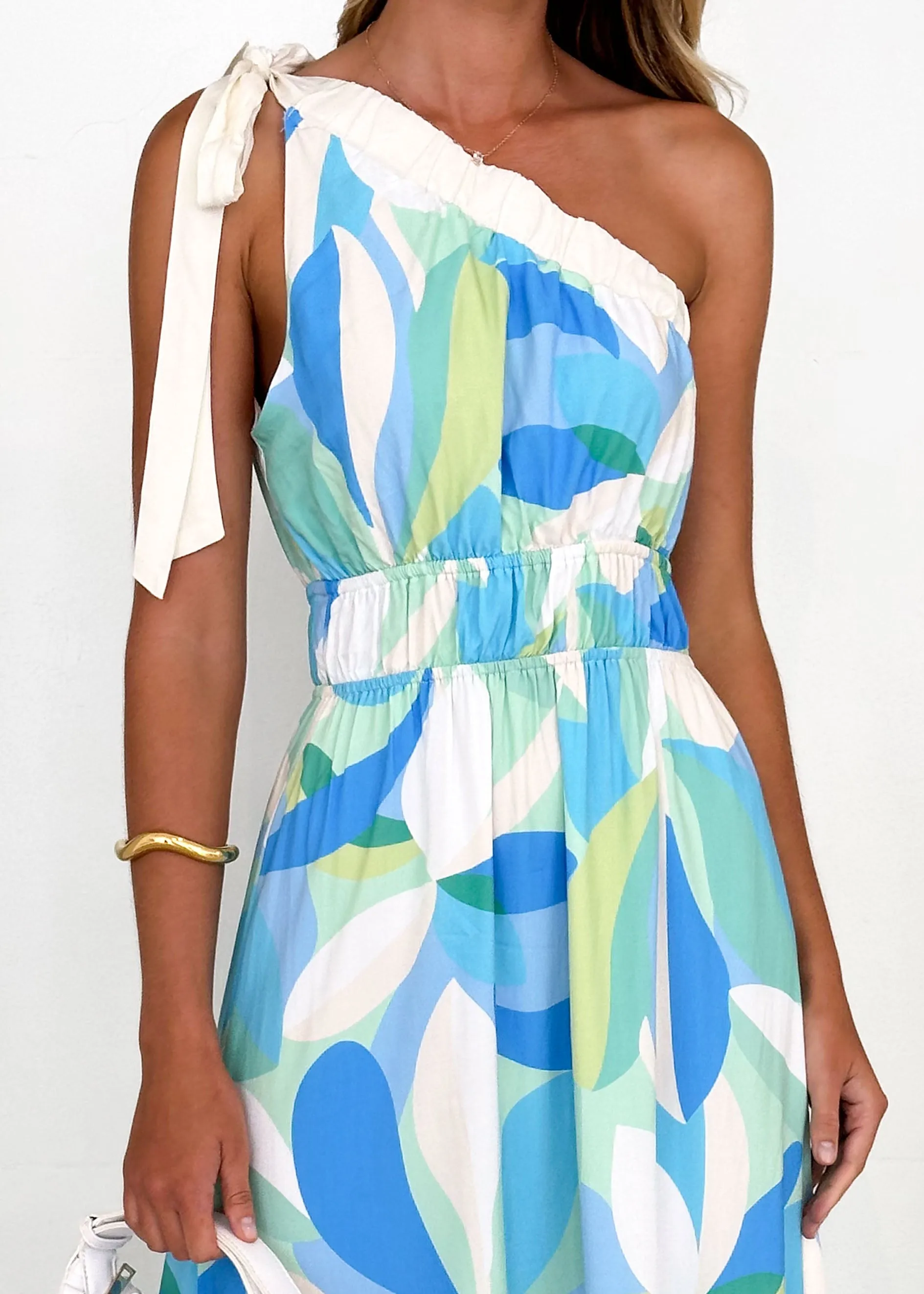 Rainfall One Shoulder Maxi Dress - Blue Abstract