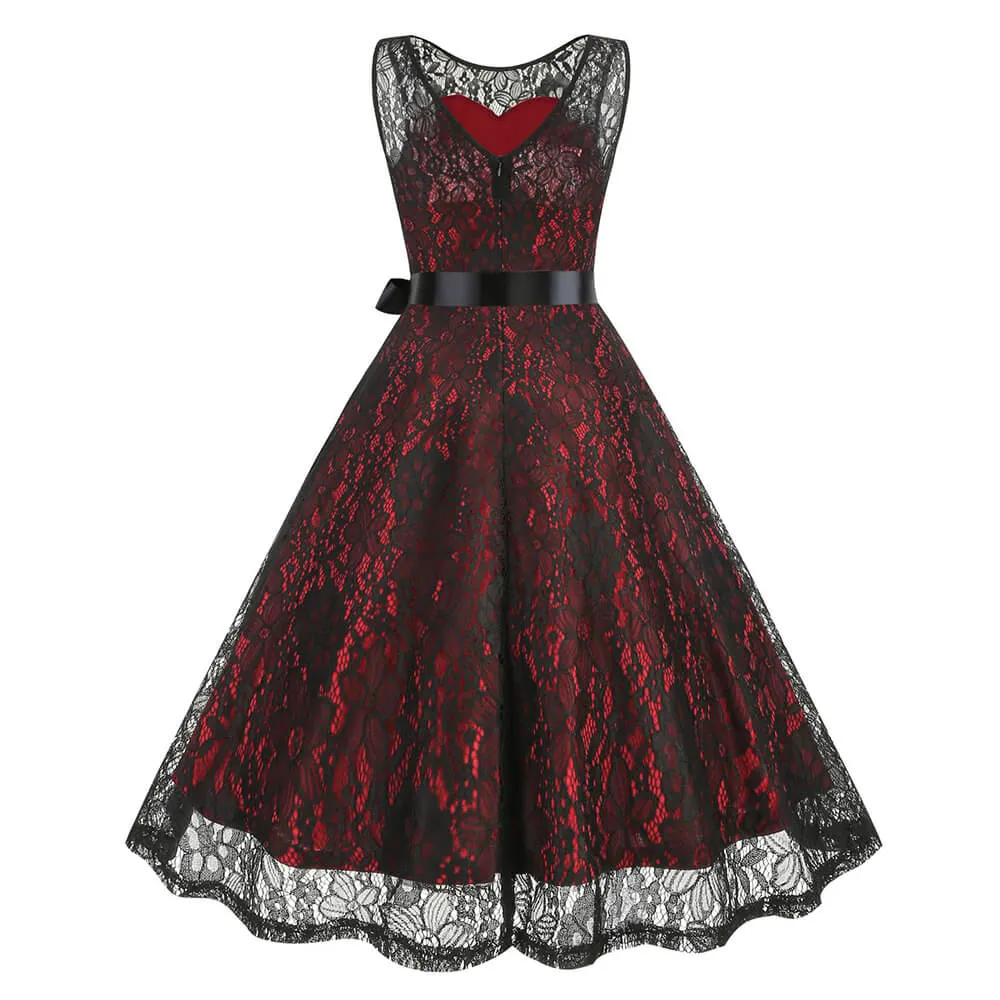 Round Neck Bow Belted Lace Ball Dress