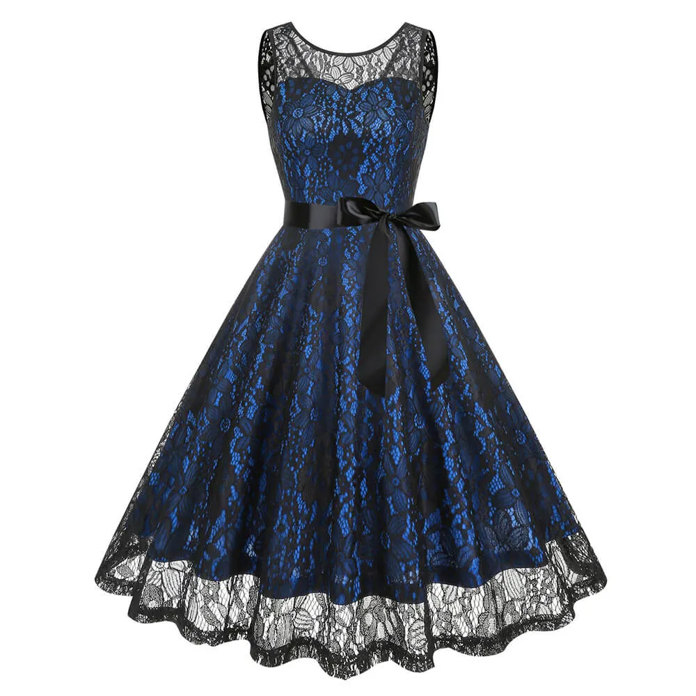 Round Neck Bow Belted Lace Ball Dress