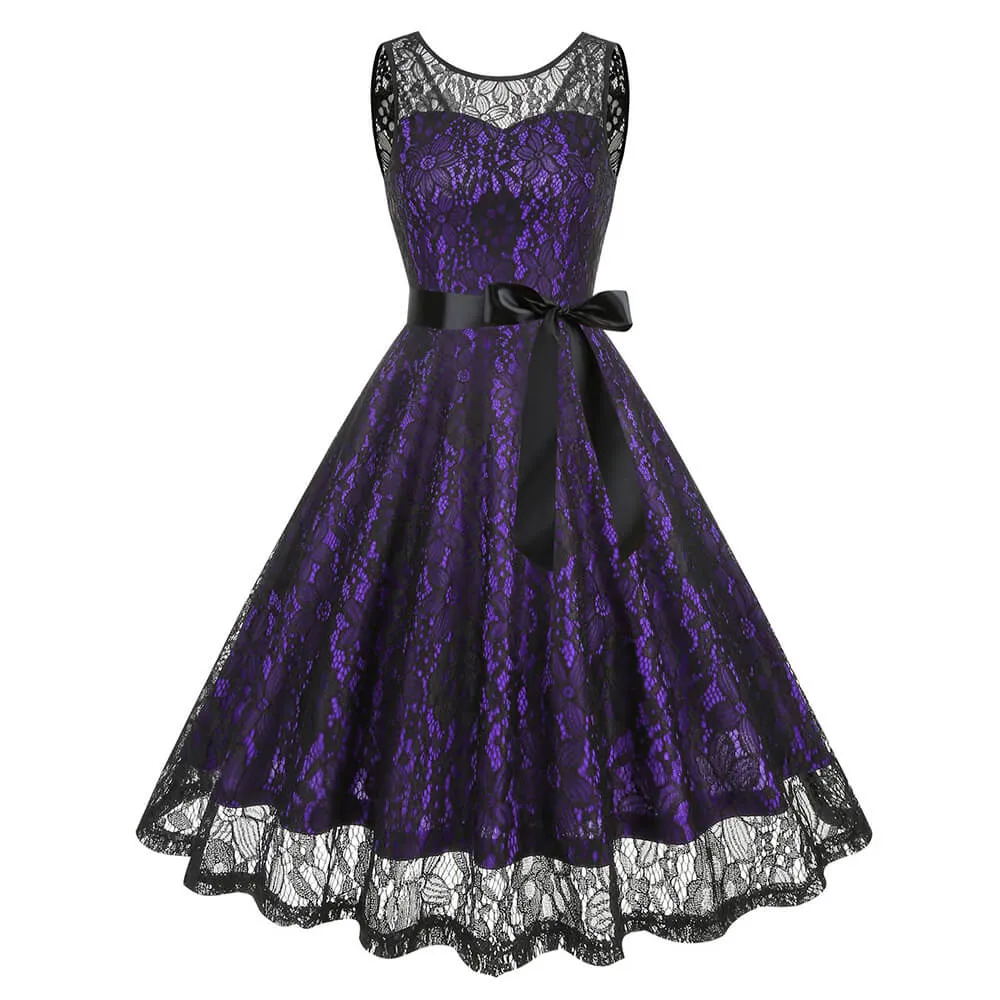 Round Neck Bow Belted Lace Ball Dress