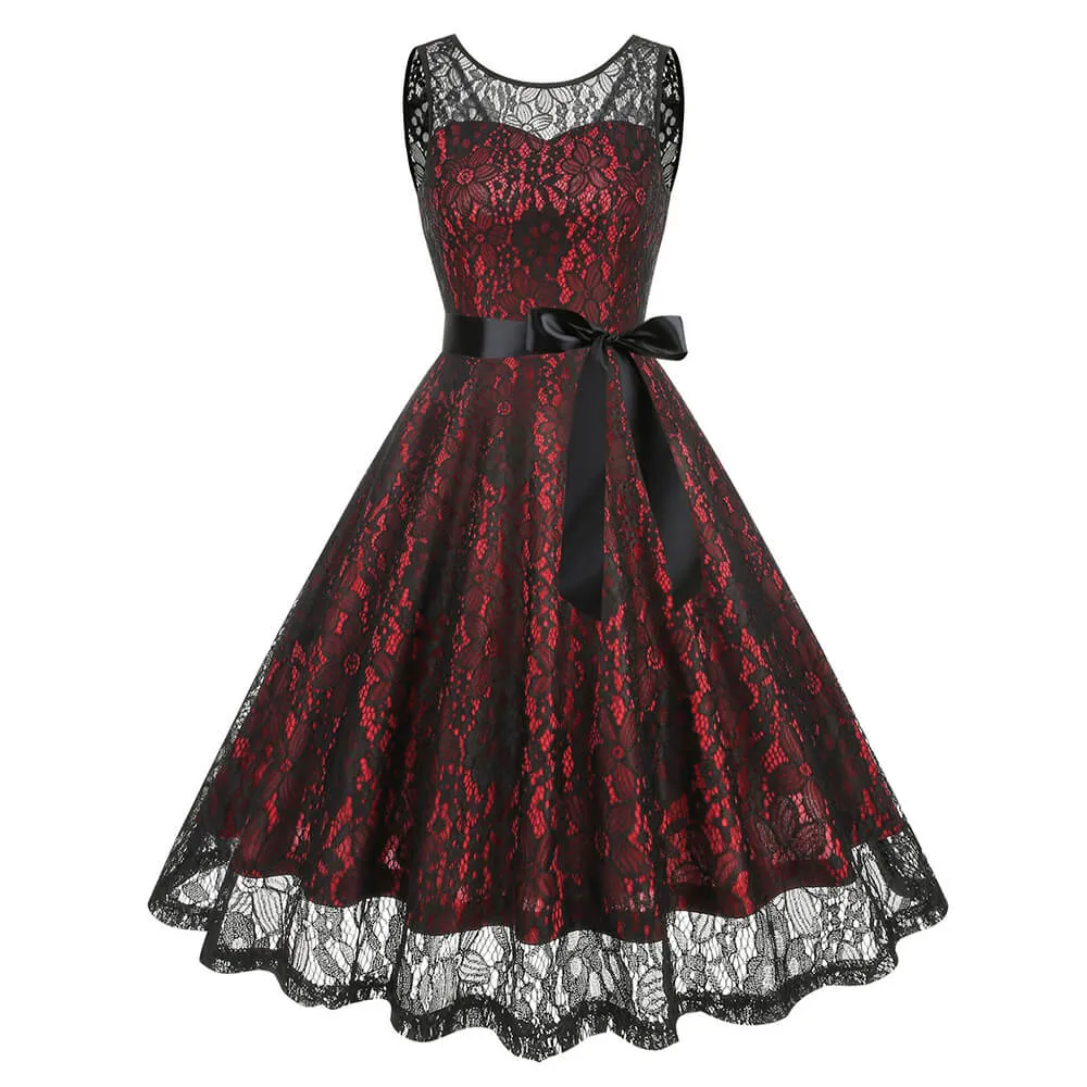 Round Neck Bow Belted Lace Ball Dress