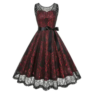 Round Neck Bow Belted Lace Ball Dress