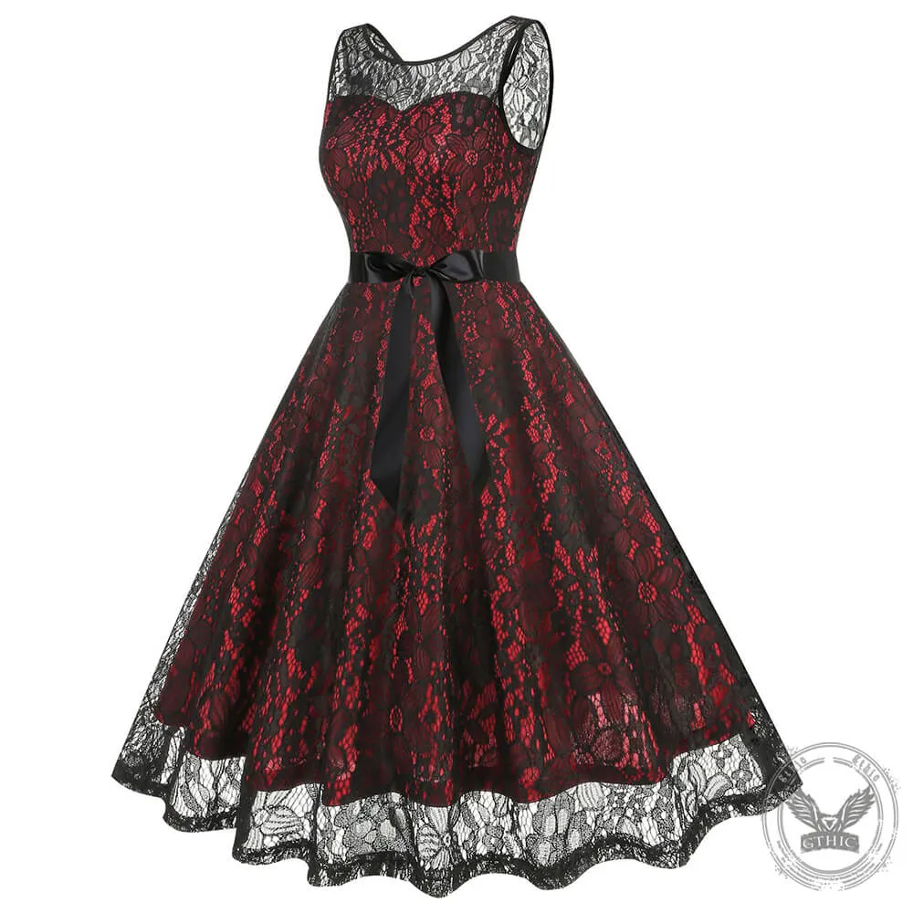 Round Neck Bow Belted Lace Ball Dress