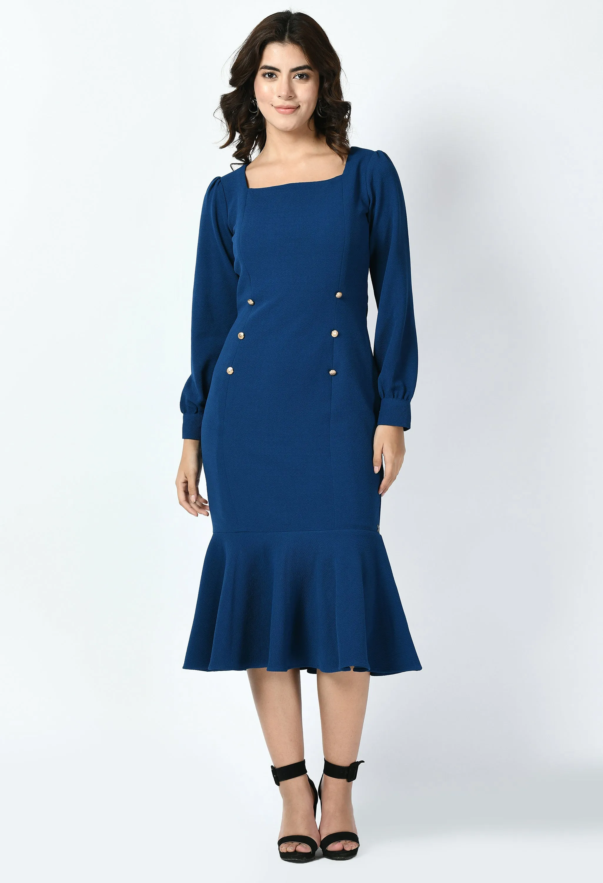 Royal Blue Cotton Blend Apogee Fishtail Midi Dress