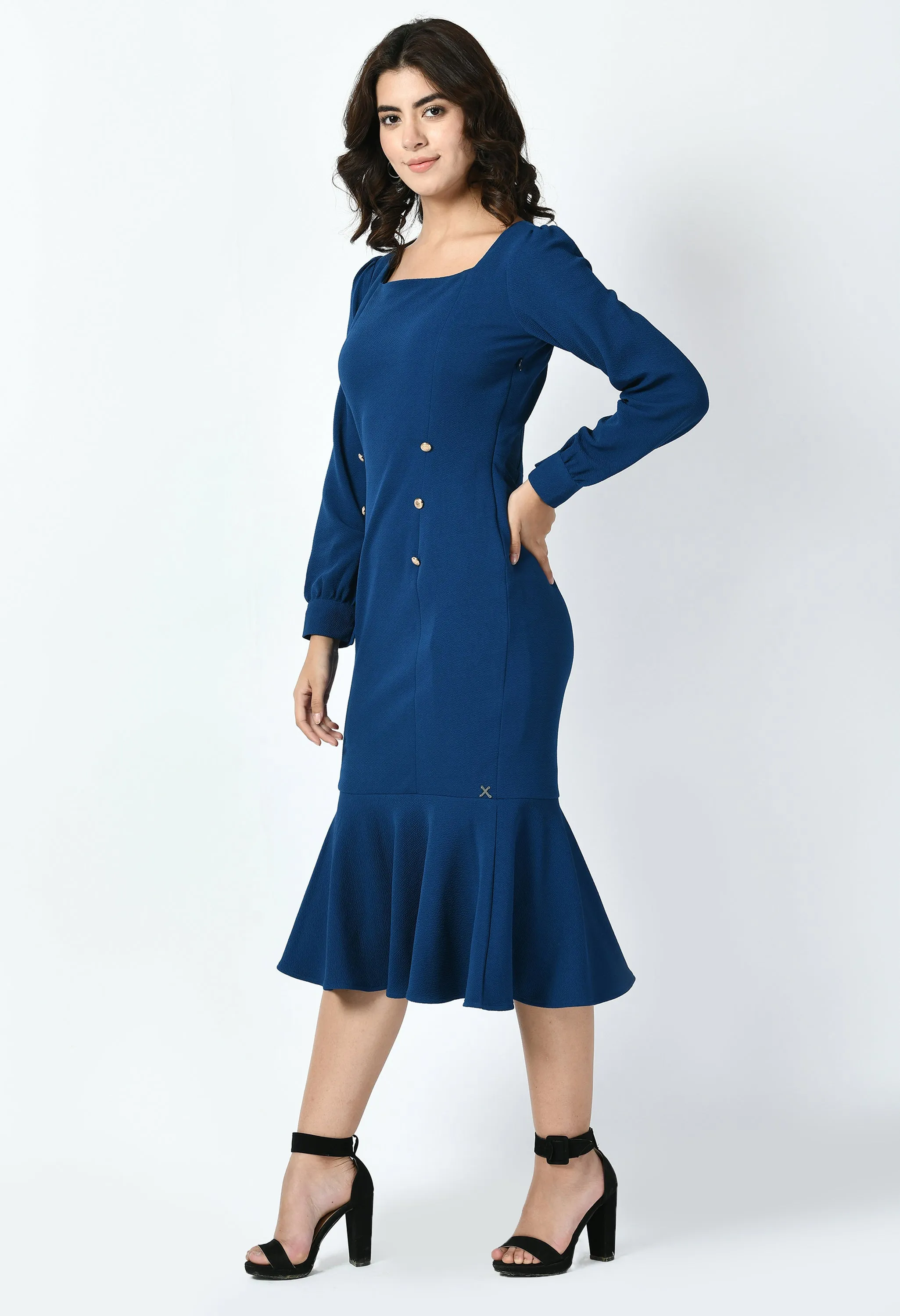 Royal Blue Cotton Blend Apogee Fishtail Midi Dress