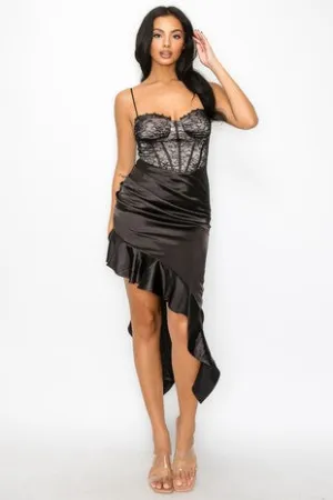 Satin & Lace Sweetheart Midi Dress