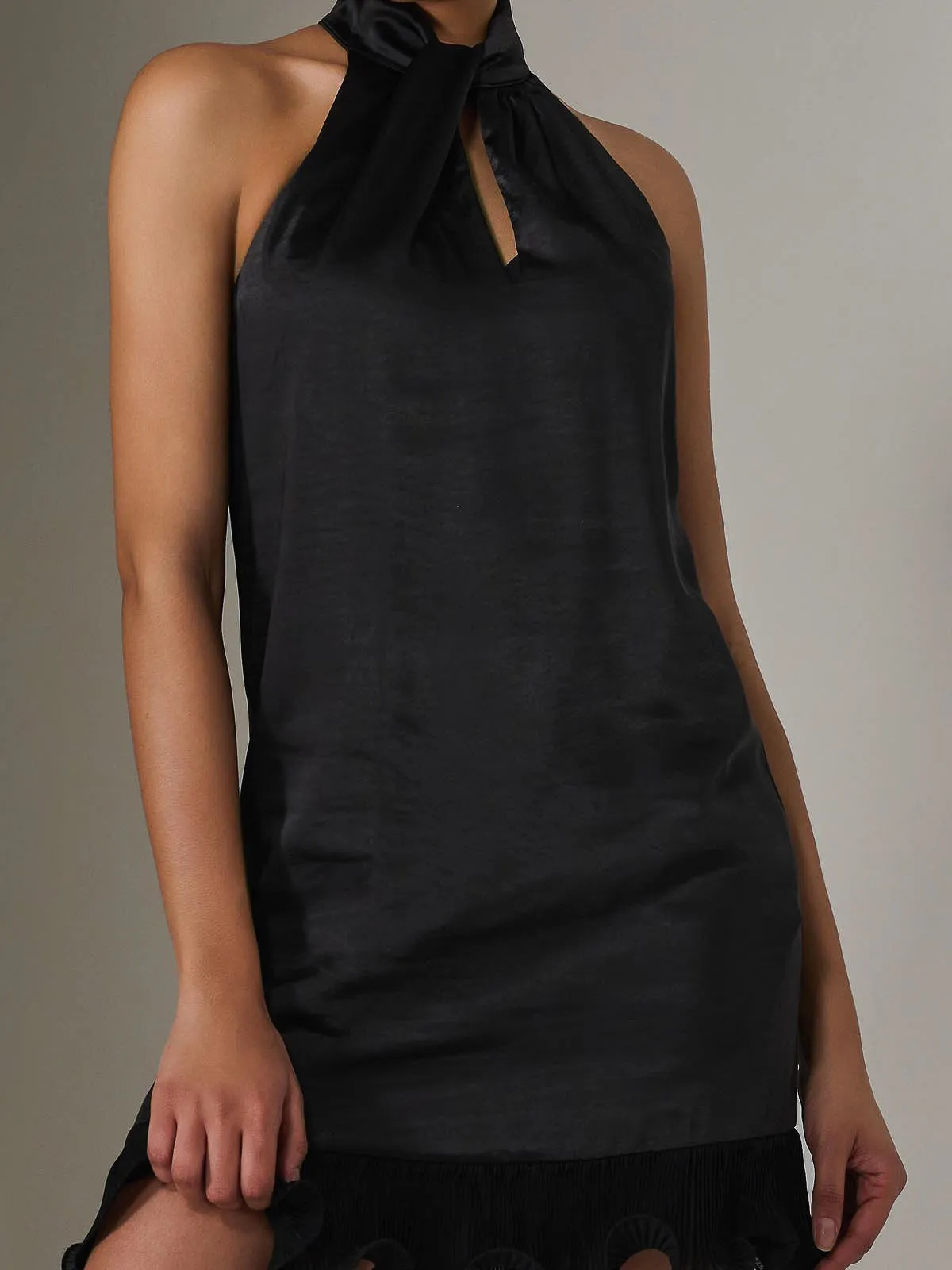 Satin Halterneck Mini Dress, Black