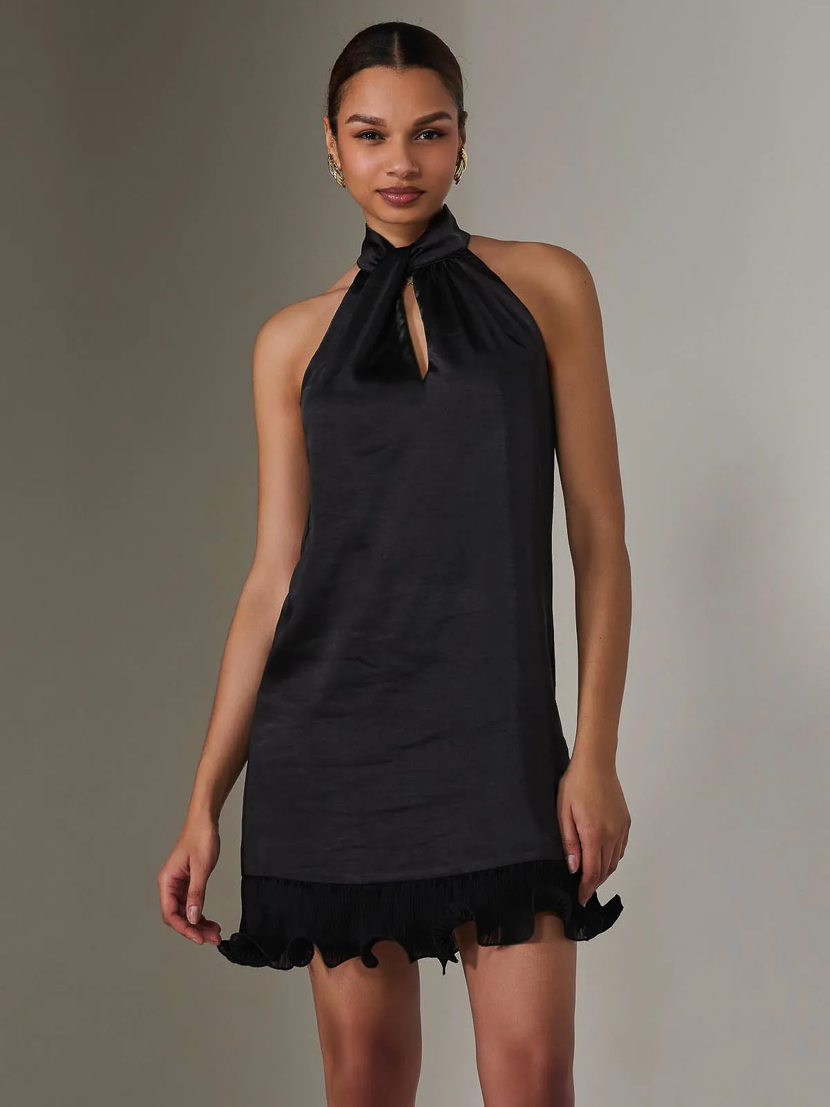 Satin Halterneck Mini Dress, Black