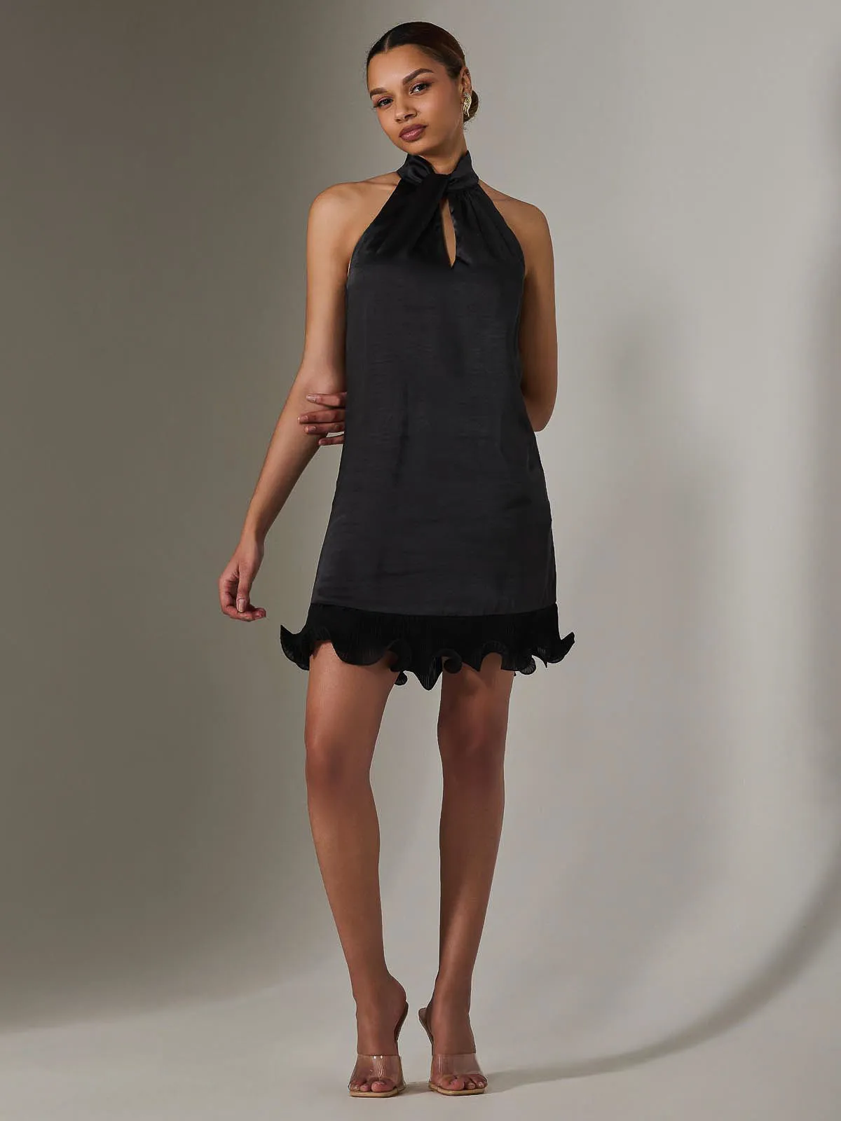 Satin Halterneck Mini Dress, Black