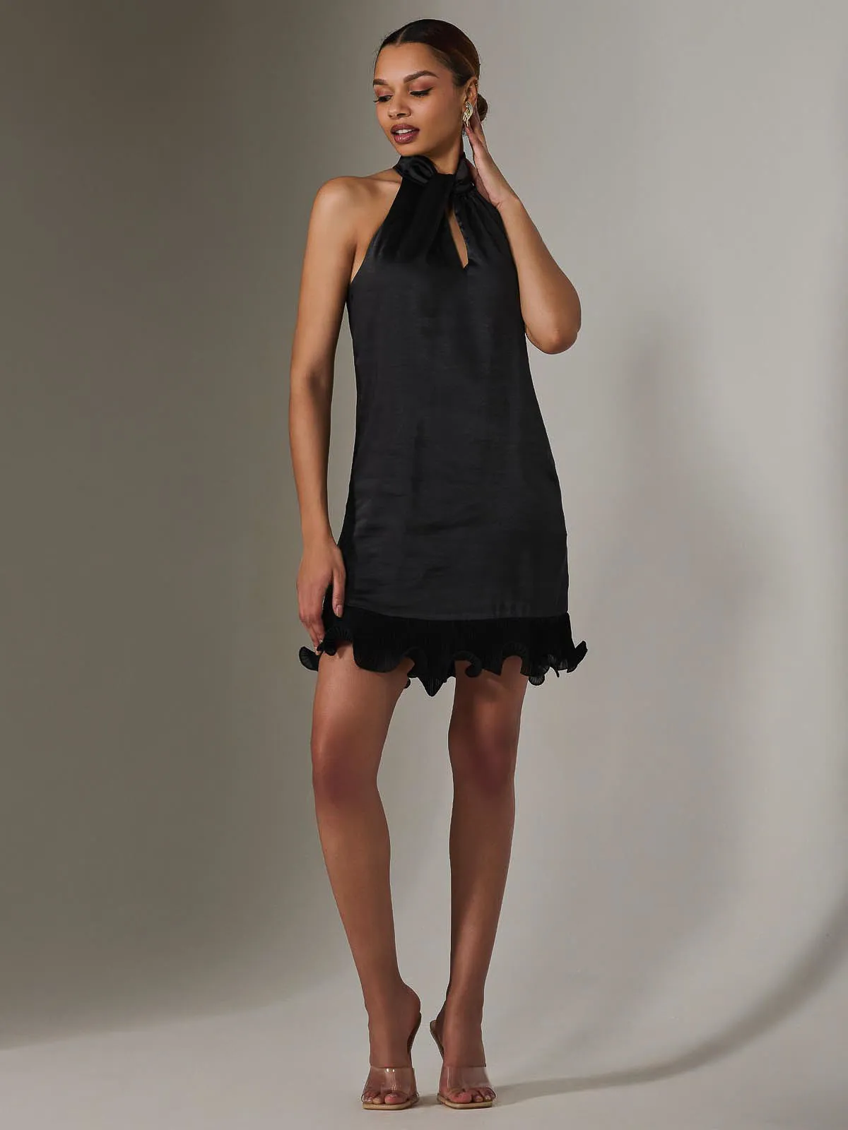 Satin Halterneck Mini Dress, Black