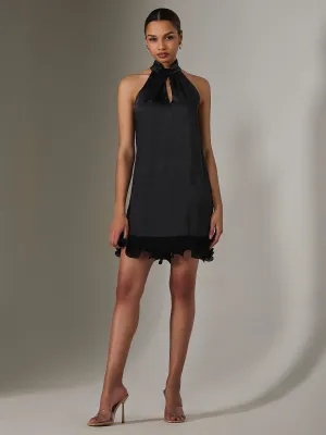 Satin Halterneck Mini Dress, Black