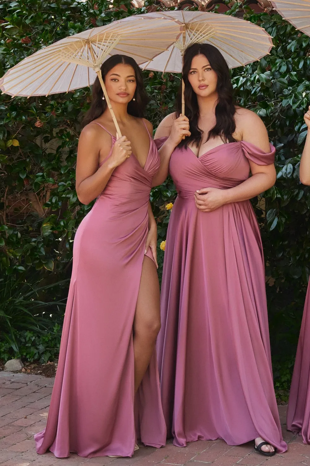 Satin Side Slit V-Neck Open Back Ruched Bodice Long Evening Dress