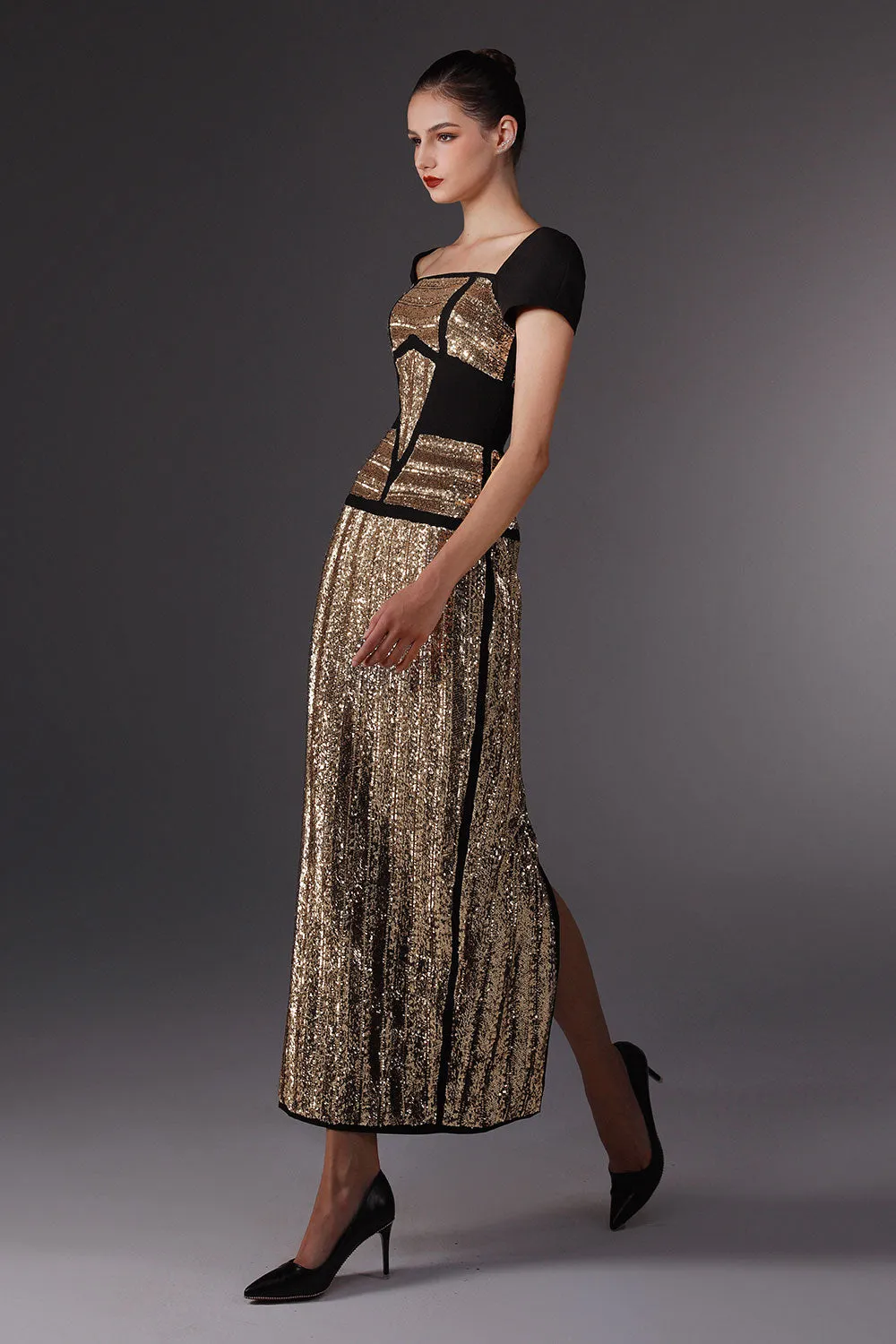 Sculpting Sheath Short Sleeved Sequin Ankle Length Dress