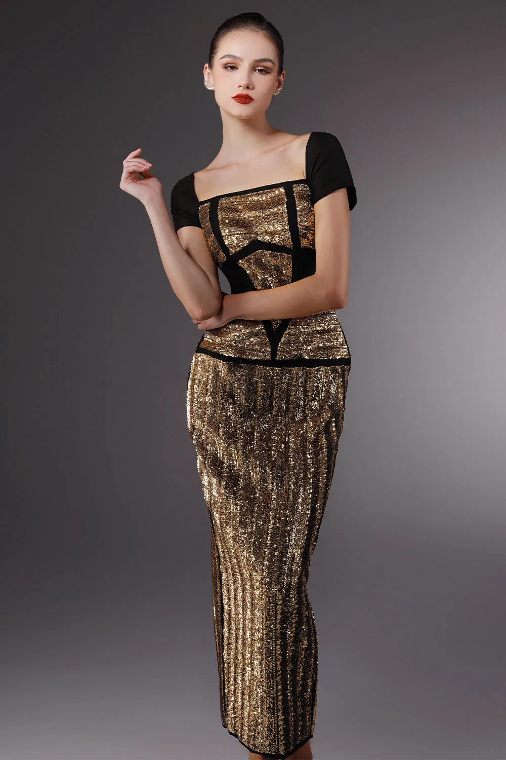 Sculpting Sheath Short Sleeved Sequin Ankle Length Dress