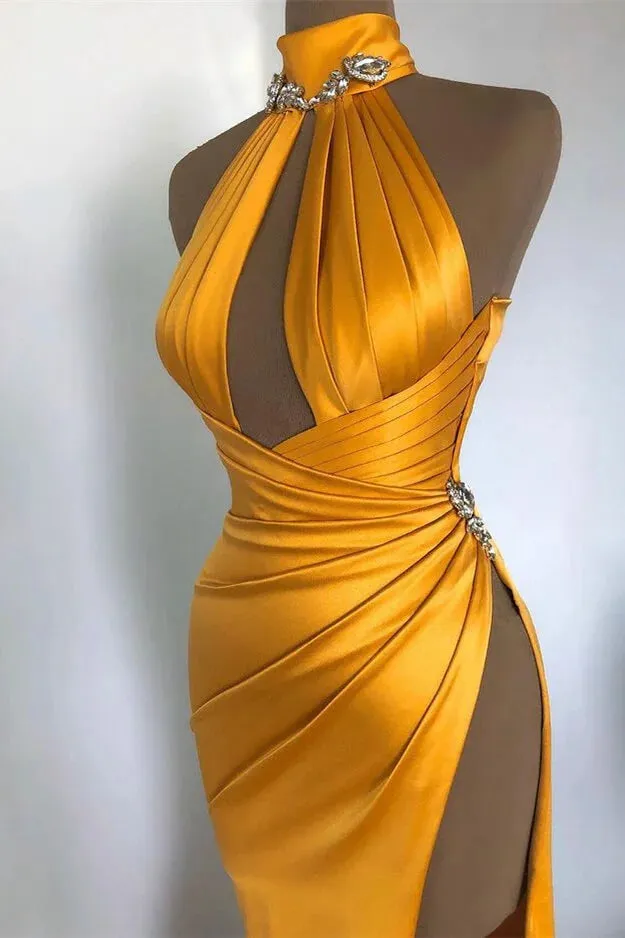 Sexy Long Mermaid High Neck Sleeveless Prom Dress With Slit