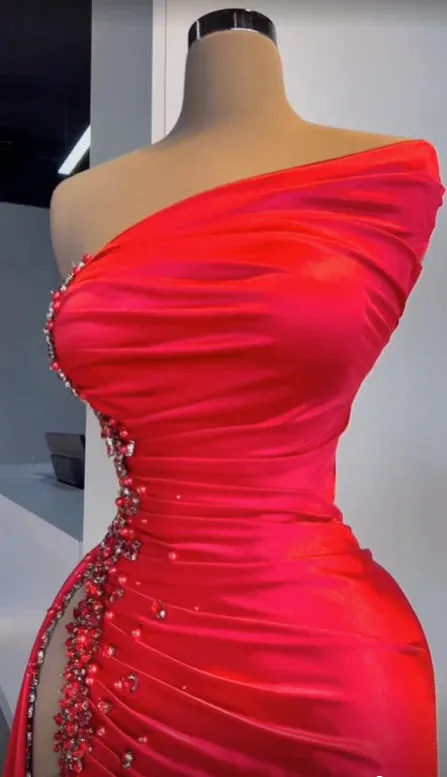 Sexy Red Beaded Satin Long Prom Dress with High Slit MD7718