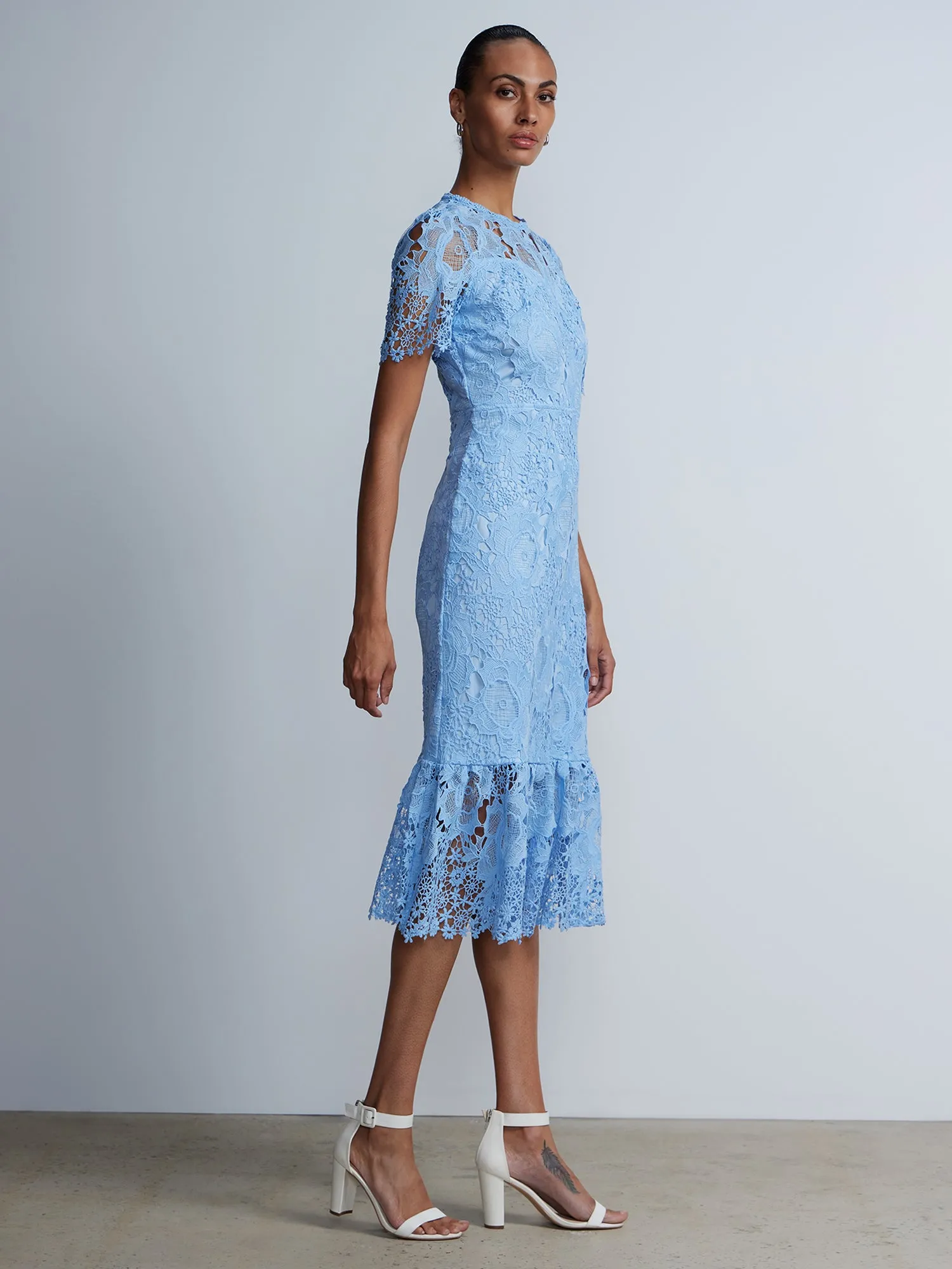 Short Sleeve Floral Lace Midi Dress