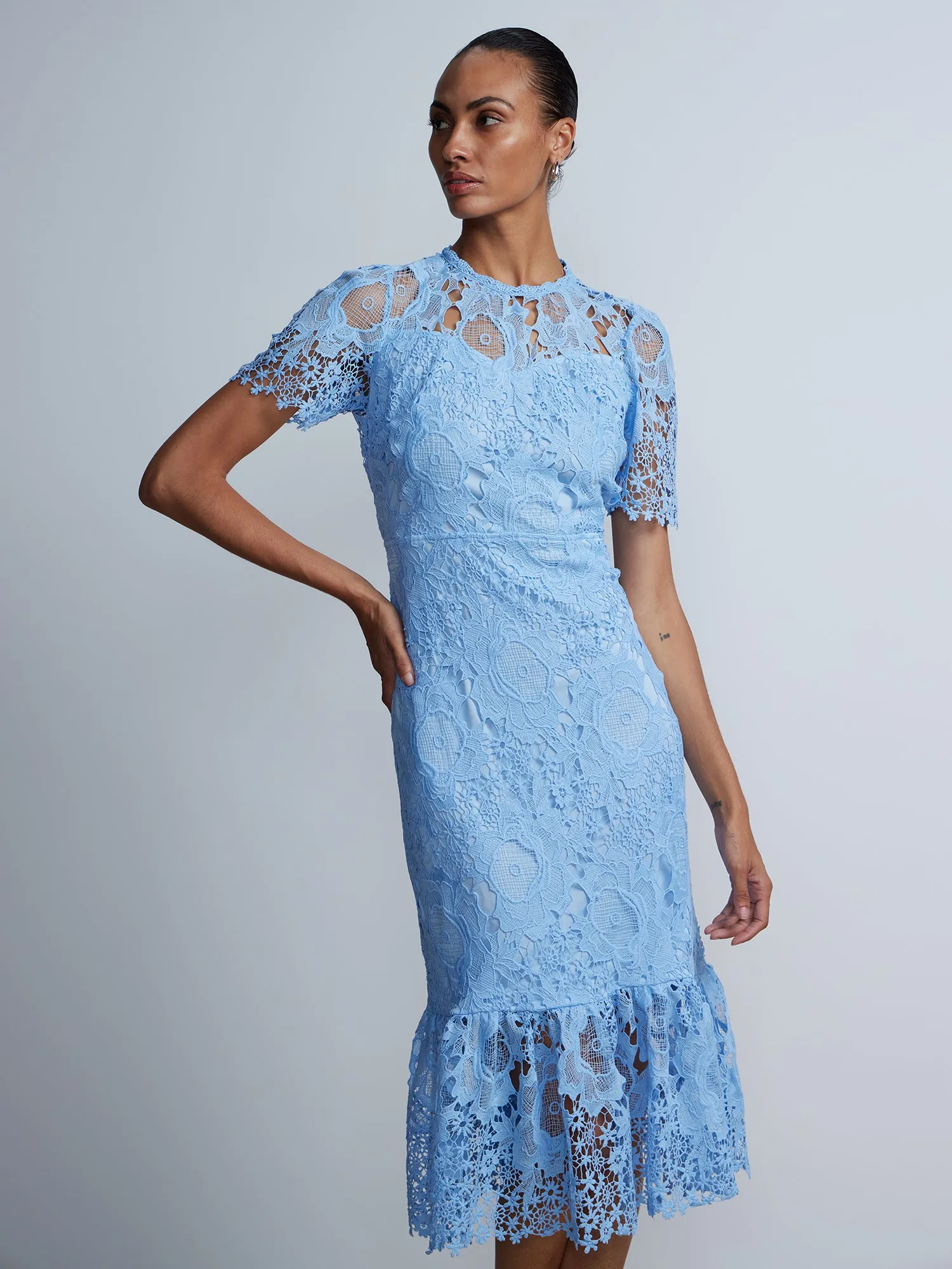 Short Sleeve Floral Lace Midi Dress