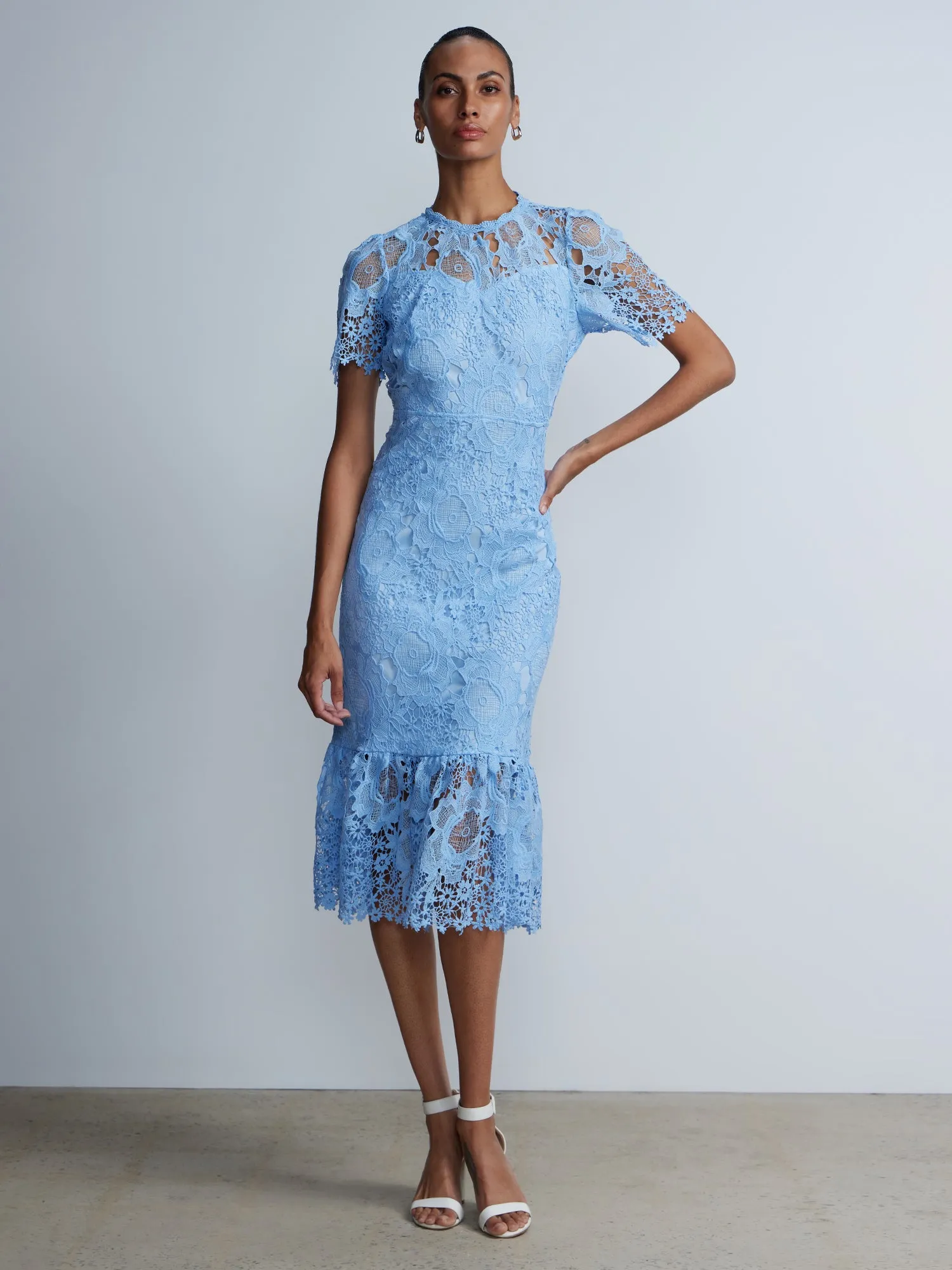 Short Sleeve Floral Lace Midi Dress