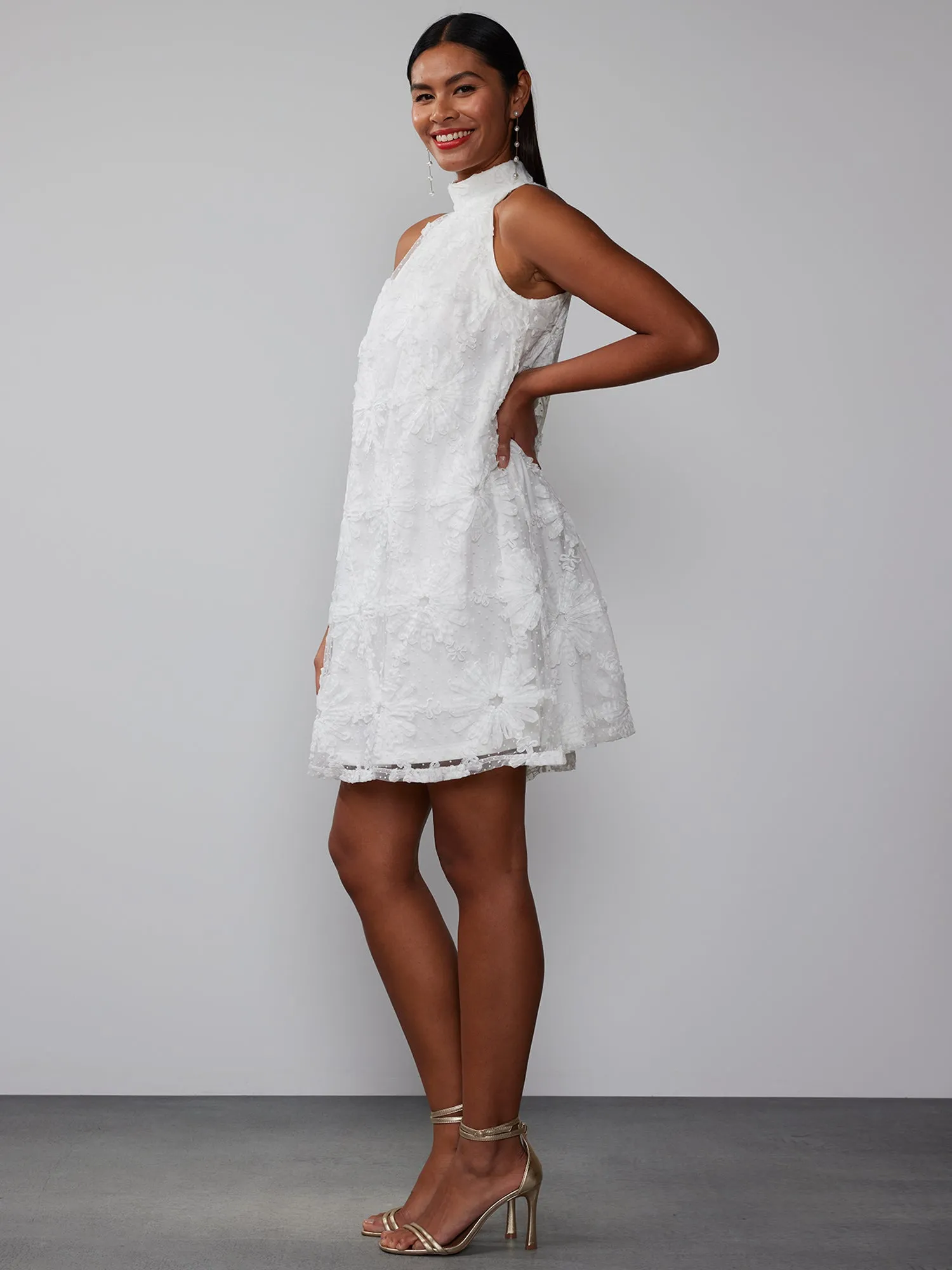 Sleeveless Halter 3D Floral Mini Dress