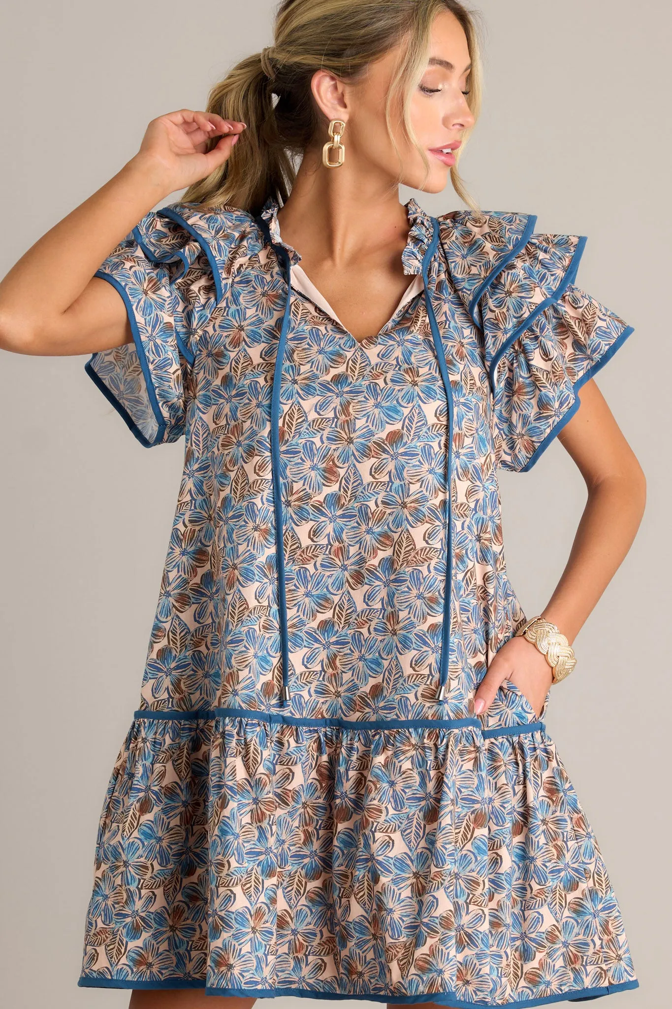So Inspired 100% Cotton Blue Floral Mini Dress