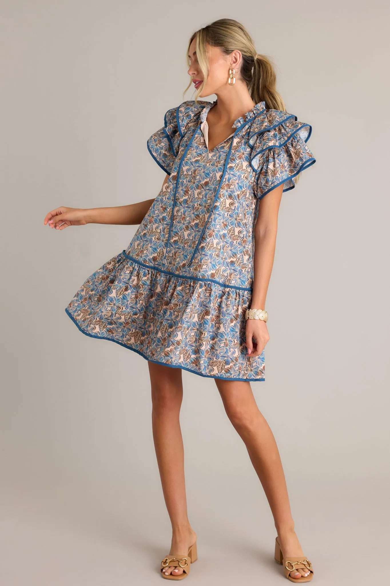 So Inspired 100% Cotton Blue Floral Mini Dress