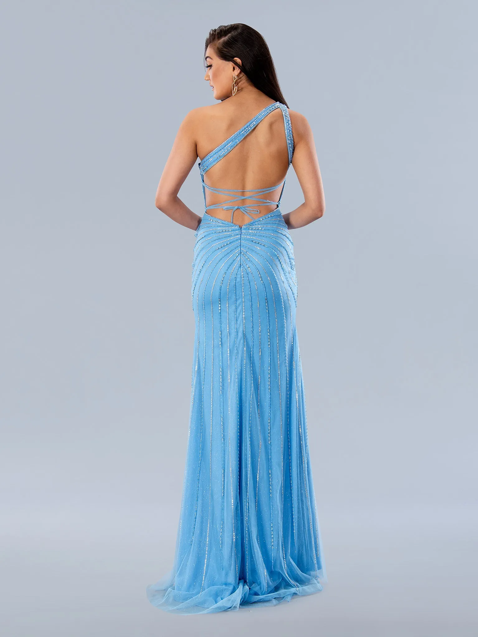 Stella Couture 24246 Beaded One Shoulder Ruffle Slit Prom Dress Backless Corset Formal Gown