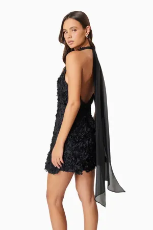 Textured Floral Mini Dress - Black
