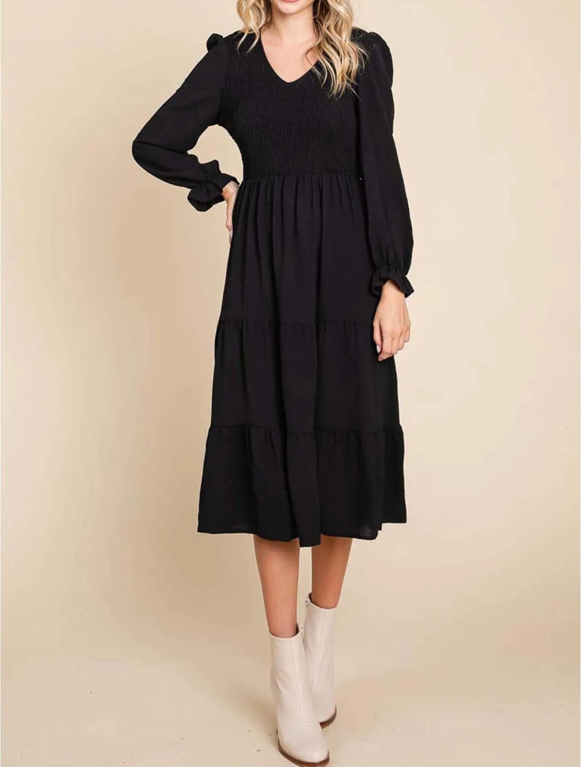 The Meg Dress: Long Sleeve Tiered Midi Dress