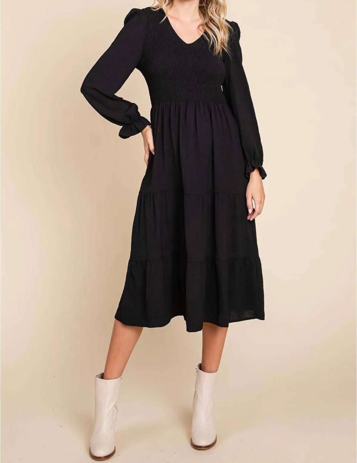 The Meg Dress: Long Sleeve Tiered Midi Dress