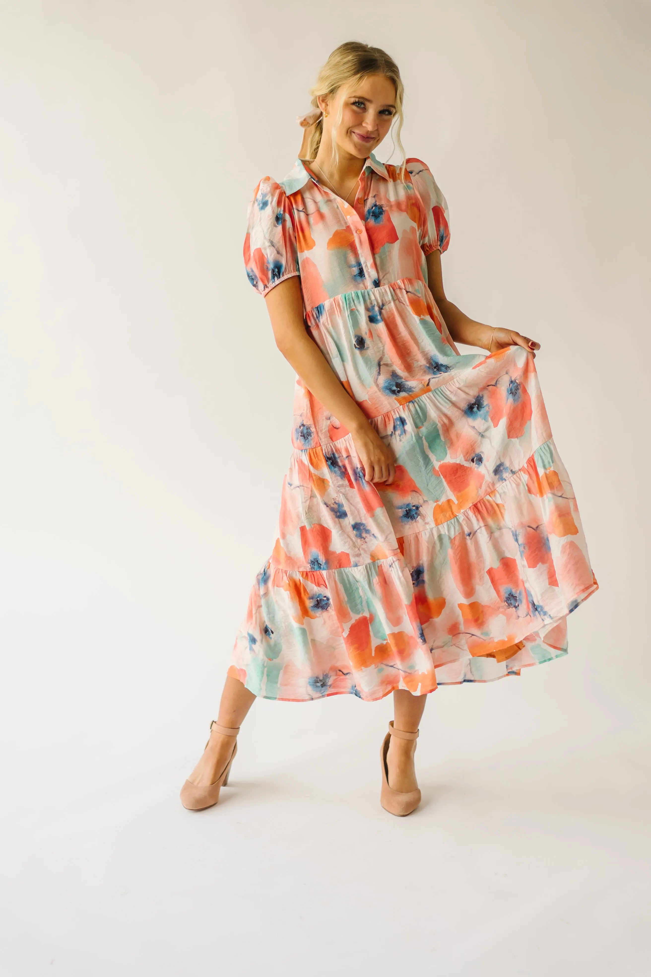 The Slaton Watercolor Tiered Midi Dress in Pink   Green Multi