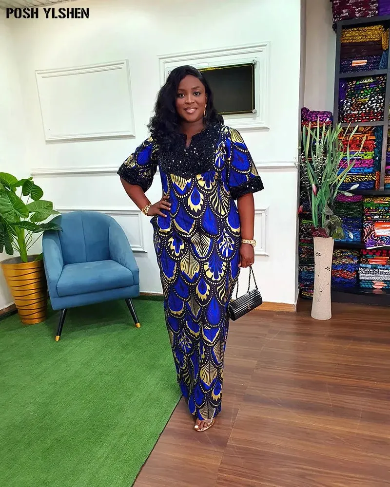 Traditional Nigerian Flower Print Slit Caftan Dress: Elegant African Long Dresses for Women, Robe Femme Clothing