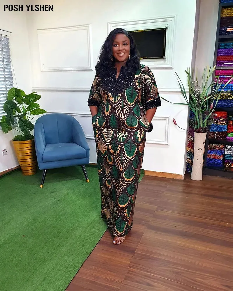 Traditional Nigerian Flower Print Slit Caftan Dress: Elegant African Long Dresses for Women, Robe Femme Clothing