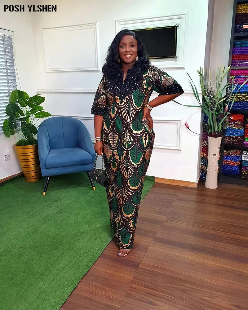 Traditional Nigerian Flower Print Slit Caftan Dress: Elegant African Long Dresses for Women, Robe Femme Clothing