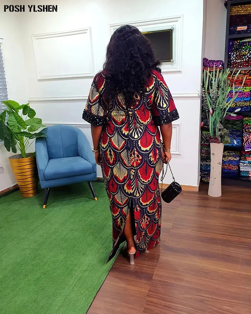 Traditional Nigerian Flower Print Slit Caftan Dress: Elegant African Long Dresses for Women, Robe Femme Clothing